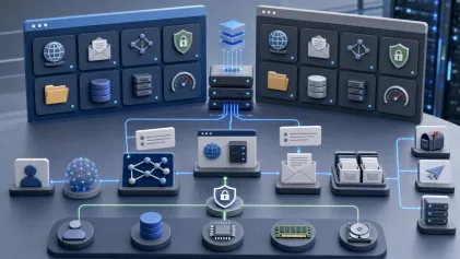 İki hosting kontrol panelinin yönetim, DNS, mail ve güvenlik farklarını simgeleyen tarafsız sunucu illüstrasyonu