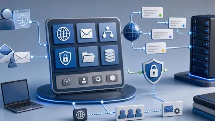 Soyut bir hosting kontrol panelinde domain, e-posta, DNS ve güvenlik katmanlarını temsil eden sade dijital arayüz