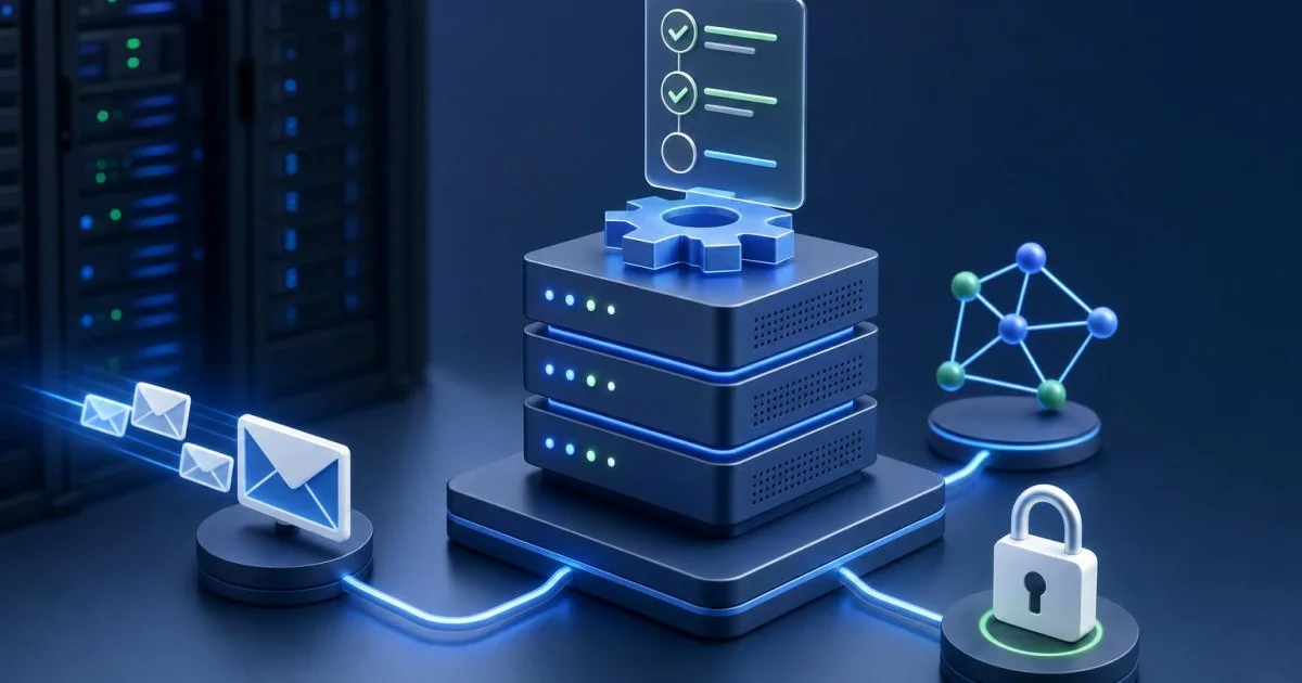 Sunucu, e-posta ve SSL güvenliğini temsil eden soyut hosting görseli