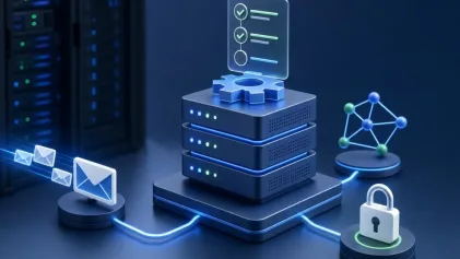 Sunucu, e-posta ve SSL güvenliğini temsil eden soyut hosting görseli