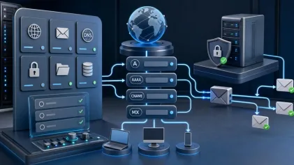 Sunucu ve DNS katmanlarını temsil eden soyut bir ağ yapısı ve alan adı yönetimi sahnesi