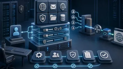Ayar katmanlarıyla sunucu yönetimini temsil eden soyut DirectAdmin yapılandırma görseli